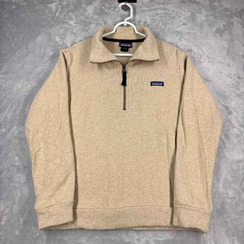 PATAGONIA Woolie Fleece Pullover Mens M Oatmeal Tan 1/4 Zip Recycled Wool Blend